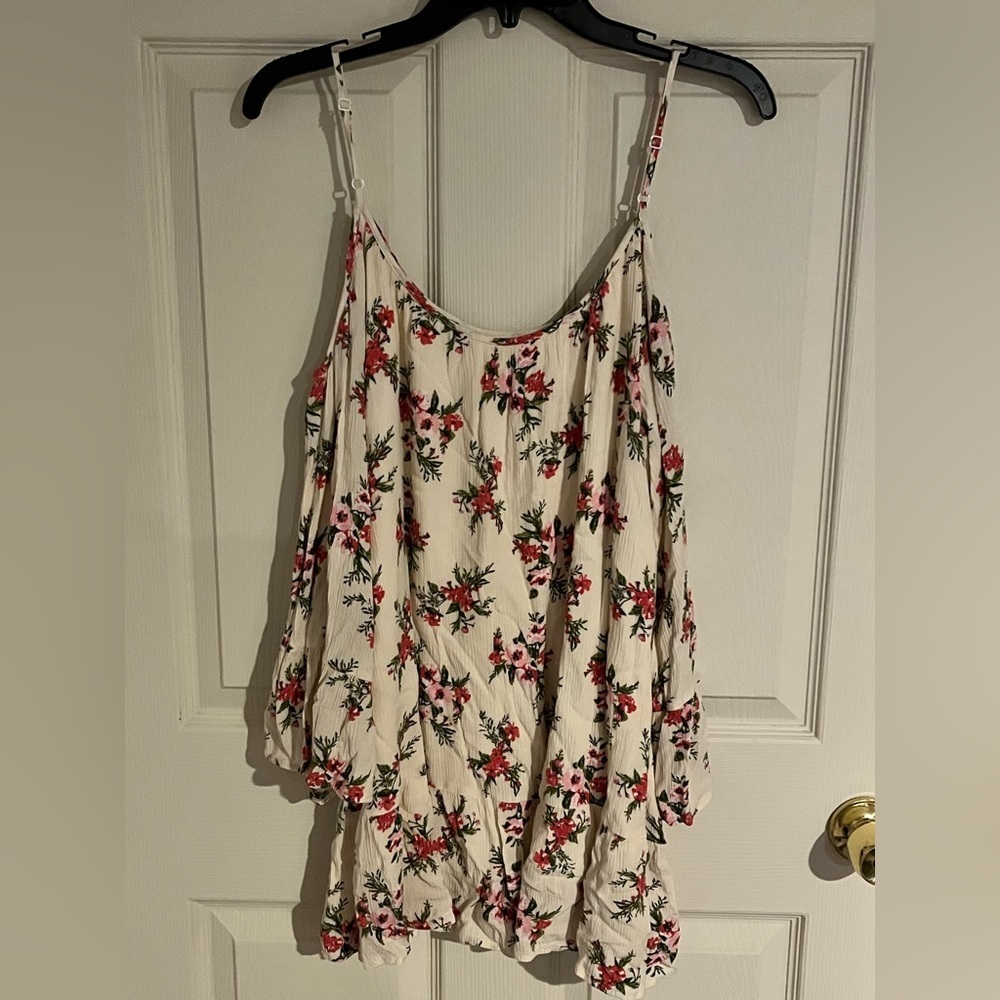 Altar'd State Cold Shoulder Floral Top 3/4 Sleeve Tunic Scoop Neck Cream Sz L - Picture 4 of 7